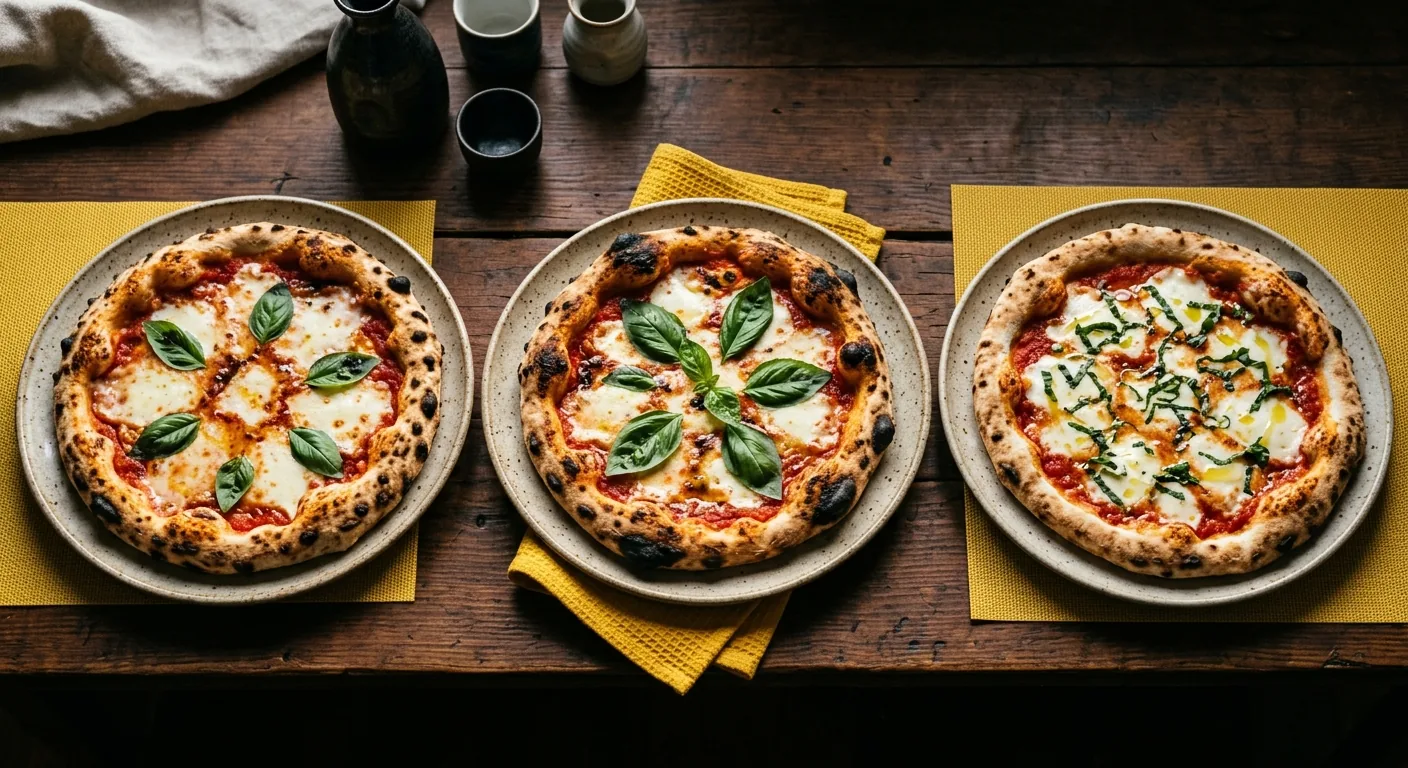 3つのマルゲリータピザを並べた料理写真の比較構図