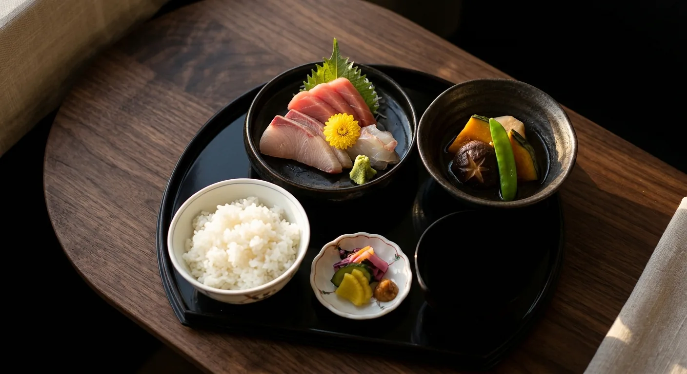 黒い漆器のお盆に盛られた懐石料理のフラットレイ