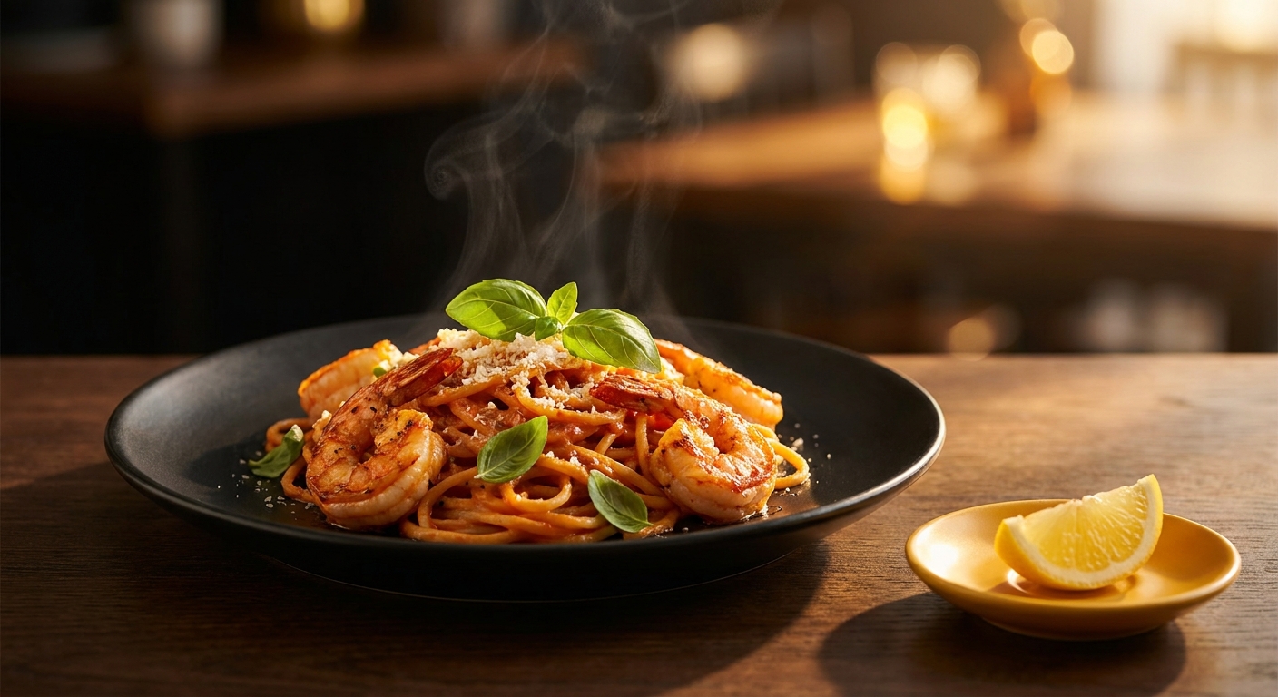 黒いプレートに盛られたグルメパスタの料理写真