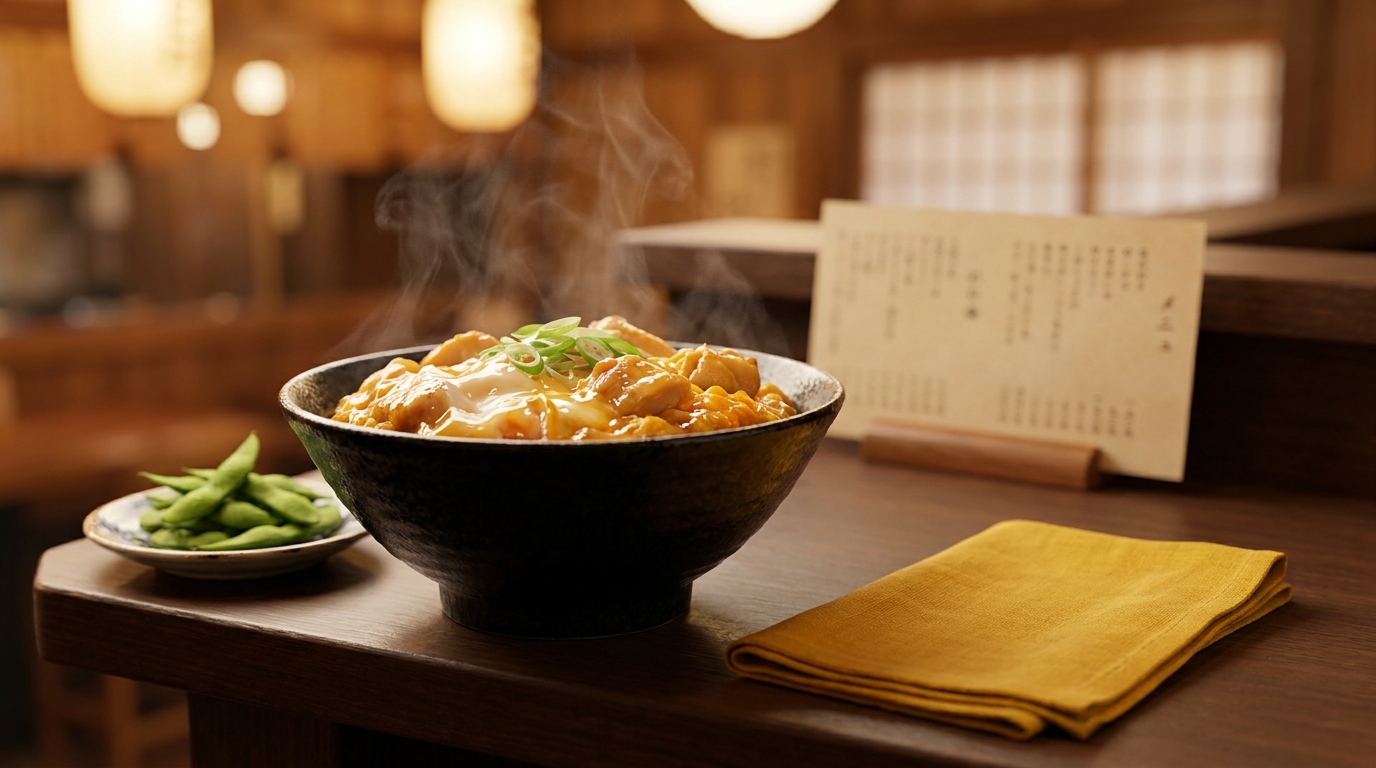 居酒屋のカウンターに置かれた親子丼と枝豆。奥にメニュー表が立ててある