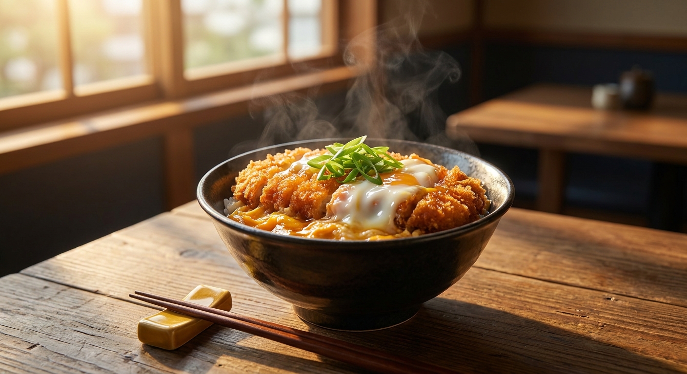 Googleマップ掲載用に自然光で明るく撮影された看板メニューのカツ丼の写真