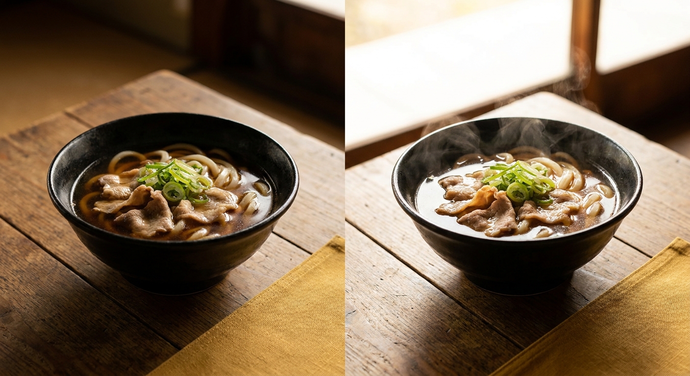 自然光で明るく撮影された料理写真と暗い店内写真の比較イメージ