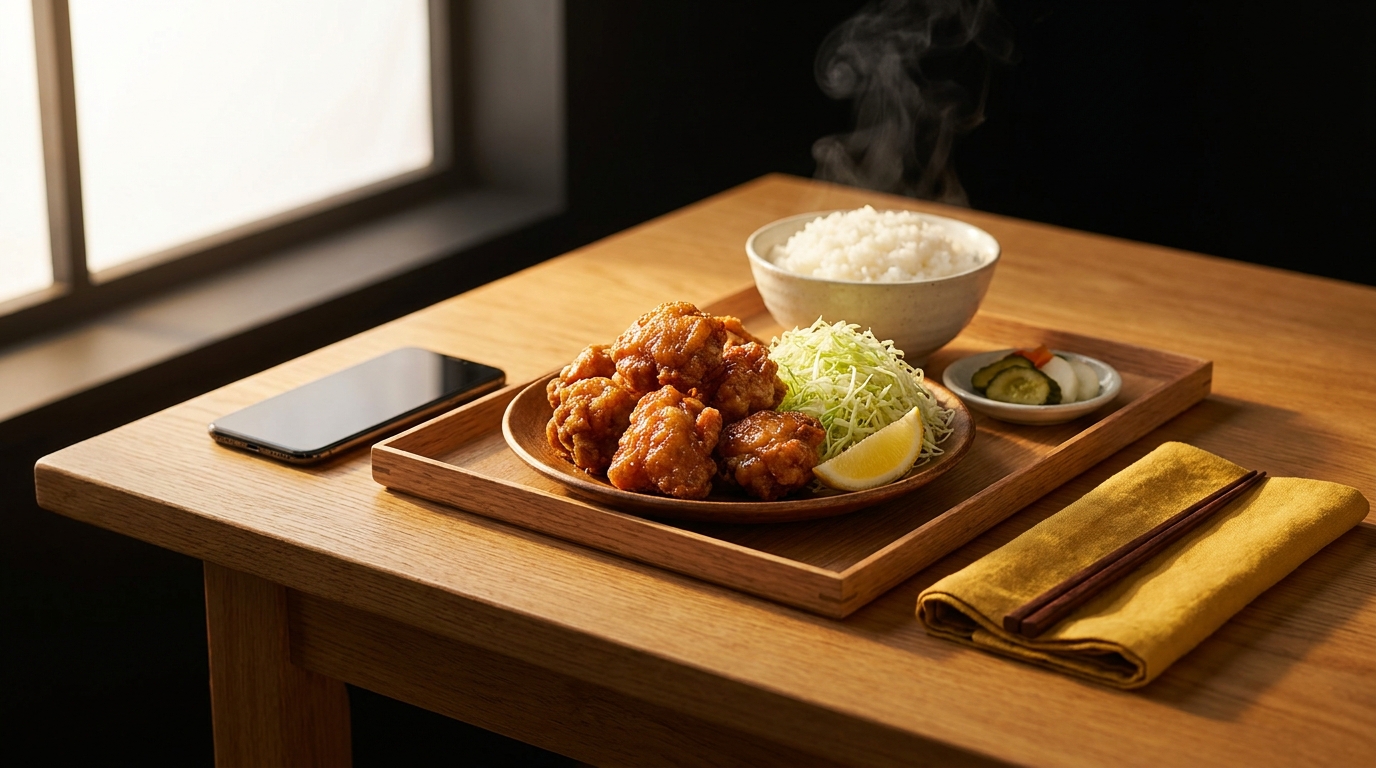 木のテーブルに置かれた唐揚げ定食と、その横のスマホ