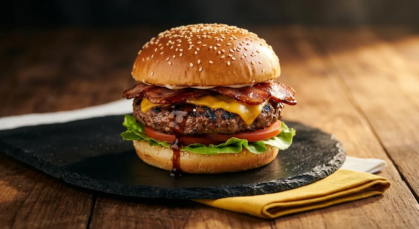45度の角度で撮影した分厚いビーフバーガーの料理写真