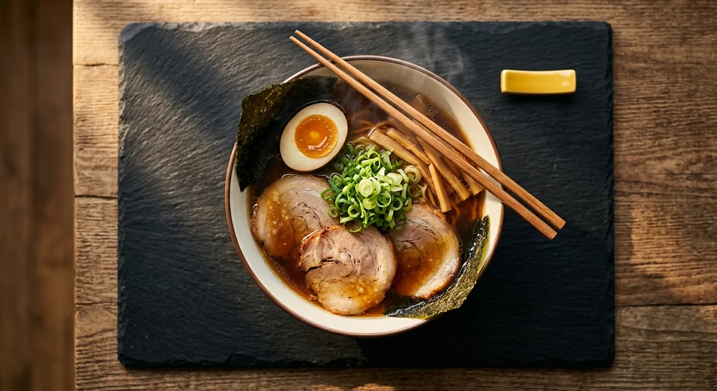 窓際の自然光で撮影した湯気が立つラーメンの俯瞰写真