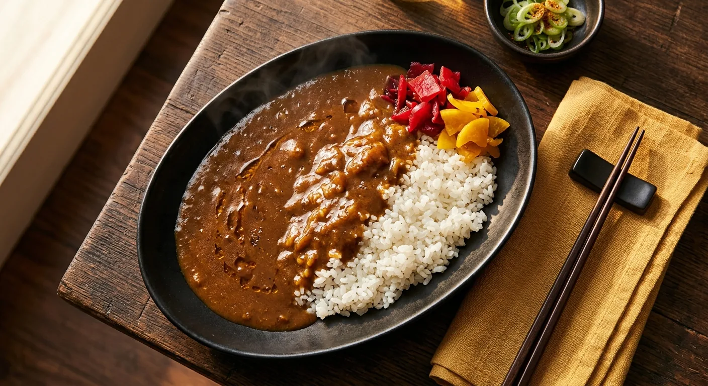 黒いプレートに盛られた湯気の立つカレーライスの俯瞰写真